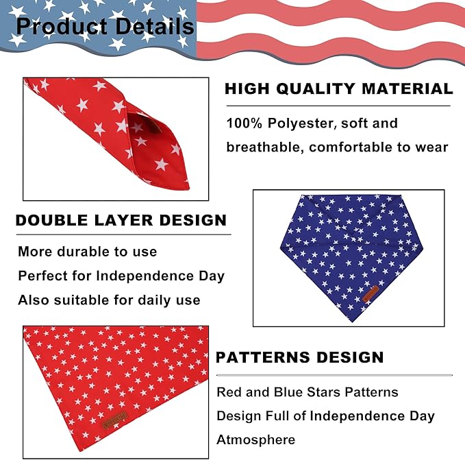 ADOGGYGO Star Dog Bandana 2 Pack, Reversible Red Blue Patriotic Pet Scarf Bib - Image 5