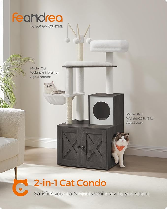 Feandrea Cat Tree with Litter Box Enclosure, 59-Inch Modern Cat Tower, 2-in-1 - Image 2