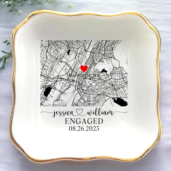 Custom Location Map Engaged Ring Dish Engagement Gift, Jewelry Tray Gifts by Anniversaree
