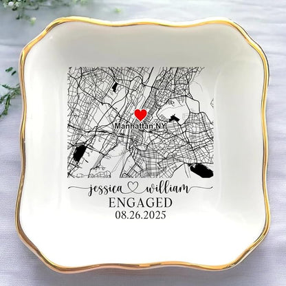 Custom Location Map Engaged Ring Dish Engagement Gift, Jewelry Tray Gifts by Anniversaree