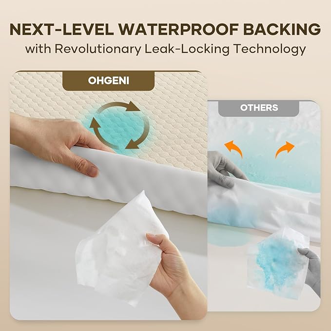 OhGeni 100% Waterproof Mattress Protector, Queen-Beige Size Mattress Pad - Image 3