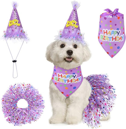 Dog Birthday Bandana with Hat and Dress Girl Set Puppy Birthday Party Supplies by Unknown