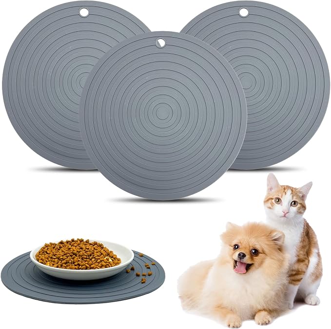 Fhiny 3PCS Silicone Pet Food Mat, 9.5" Round Waterproof Non-Slip Dog Cat Bowl by Fhiny