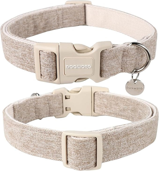 DOGWONG Cotton Hemp Dog Collar, Heavy-Duty Khaki Dog Collar Adjustable Soft - Image 2