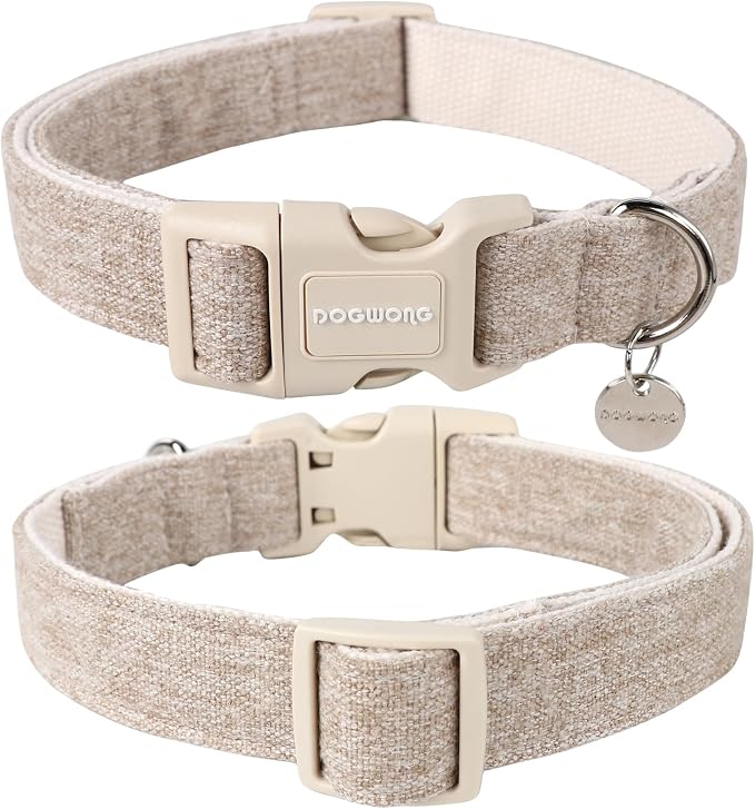 DOGWONG Cotton Hemp Dog Collar, Heavy-Duty Khaki Dog Collar Adjustable Soft - Image 2