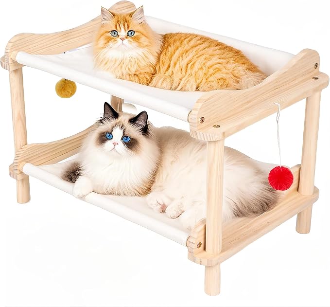 2-Layer Cat Hammock Bed, Breathable Washable Covers, Wooden Pet Furniture by MITREL