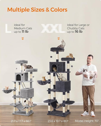 Feandrea Cat Tree, 81.1-Inch Large Cat Tower, 2 Perches, 2 Caves, Light Gray - Image 7