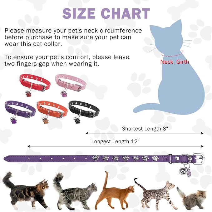 SCENEREAL Cat Collar with Bells, Leather Cat Collars with Paw Studded, - Image 6