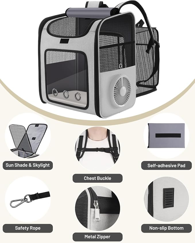 Cat Backpack Carrier with Built-in Cooling Fan & Heating Pad, Expandable Pet - Image 9