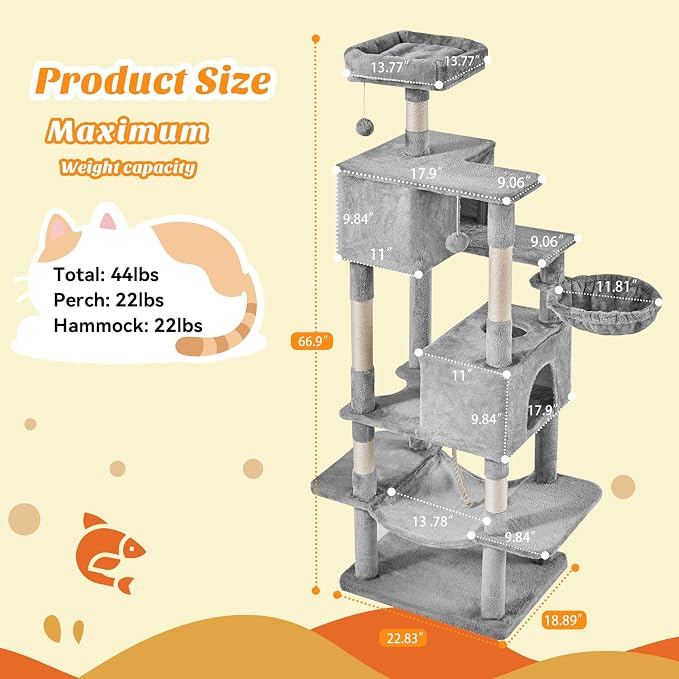 DUMOS Large 66 Inch Cat Tree Tower, Tall Multi Level Cat Climbing Tower - Image 2