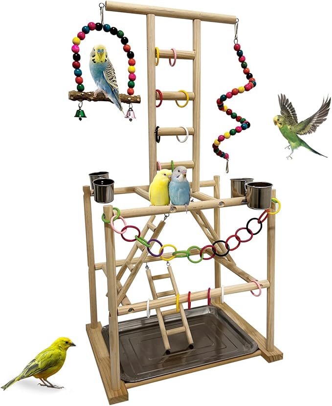 Bird Play Stand, Large Parakeet Playground, Natural Wood Parrot Perch Stand by Niwaes