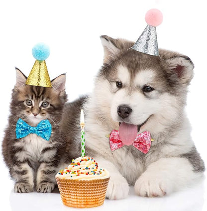 SATINIOR 4 Pieces Cat Birthday Hat Bowtie Small Dog Hat Headband Topper Bowtie - Image 4