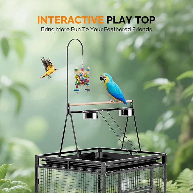 VINGLI 83 Inch Bird Cage with Play Top, Large Wrought Iron Bird Cage with Wheels - Image 3