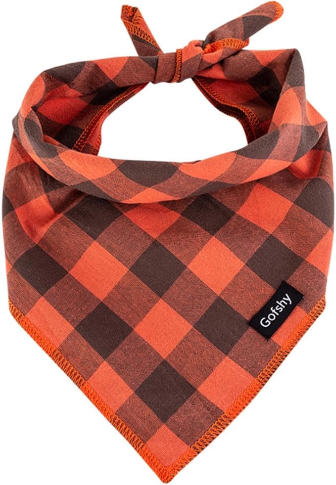 Dog Bandana Fall Large-Orange Brown Dog Scarf Buffalo Plaid Printing Adjustable by Gofshy