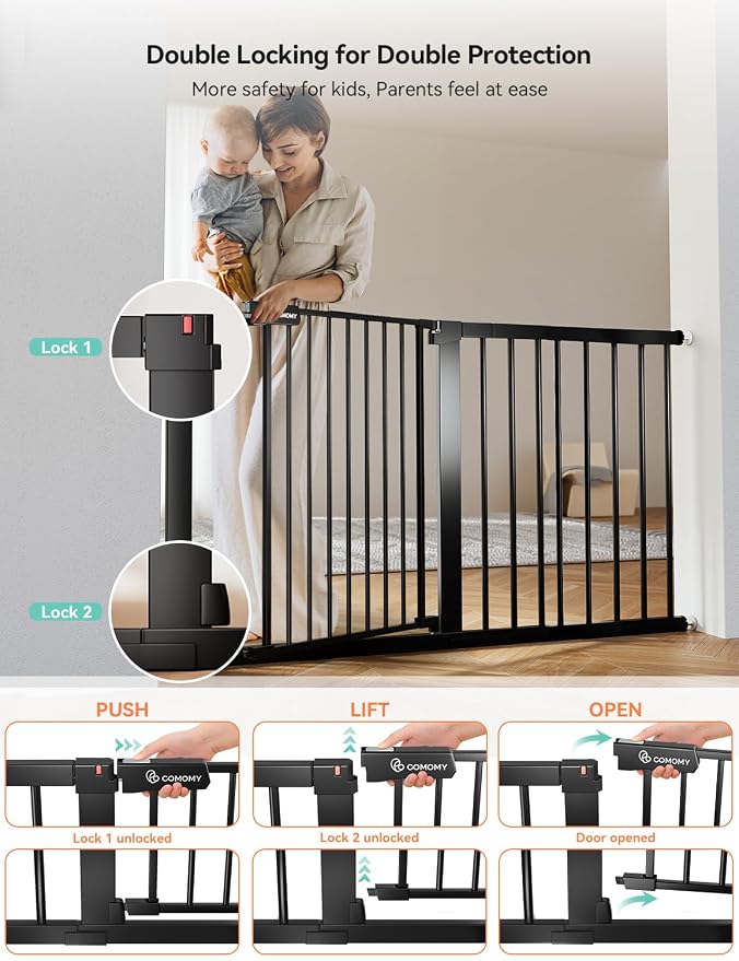 COMOMY 30" Tall Baby Gate for Stairs Doorways, Fits Openings 29.5" to 51.6" Wide - Image 4