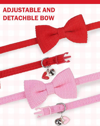 Cat Collar Breakaway with Bells, Soft Cotton Pink Cat Bowtie Collar - Image 6