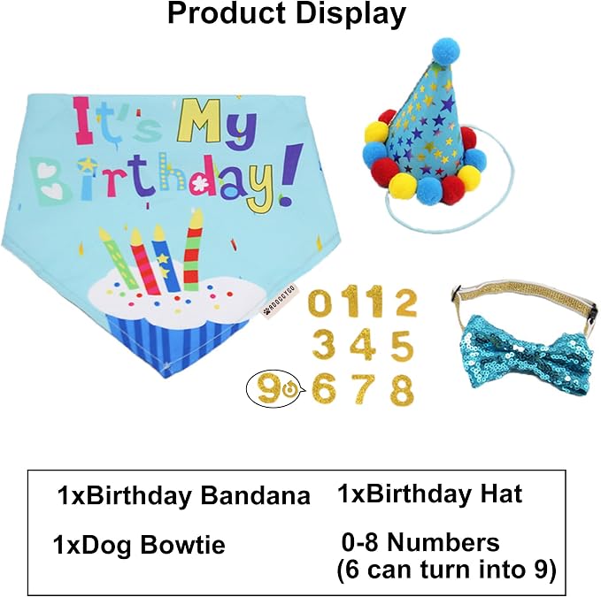 ADOGGYGO Dog Birthday Bandana Scarf and Blue Boy Pet Birthday Party Hat - Image 7