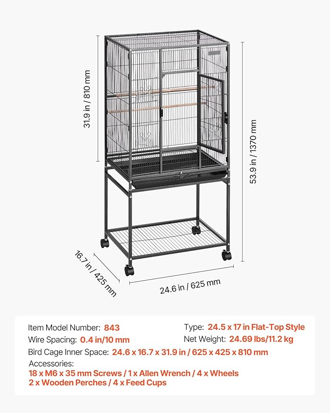VEVOR Bird Cage, 24.6 x 16.7 x 53.9 inch, Flat Top, Wrought Iron Bird Flight - Image 7