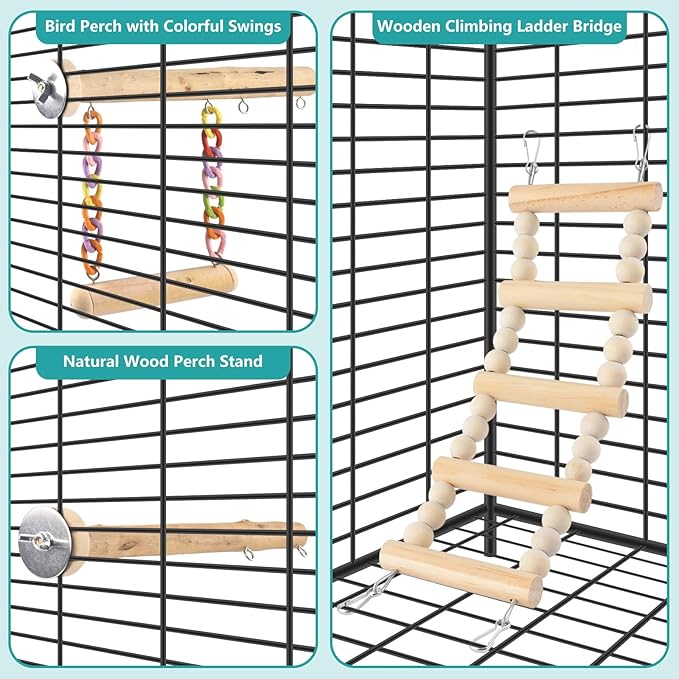 Bird Perches Ladder with Swing, Natural Wood Parrot Climbing Bridge Perch Toys - Image 5