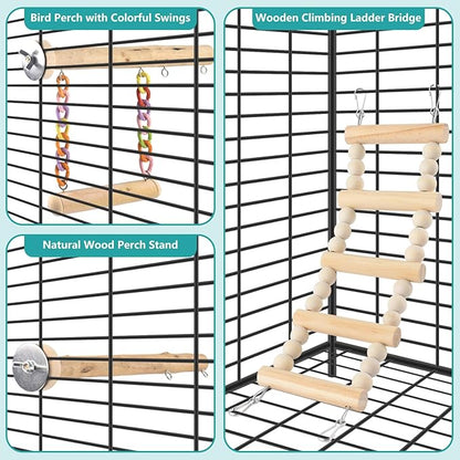 Bird Perches Ladder with Swing, Natural Wood Parrot Climbing Bridge Perch Toys - Image 5