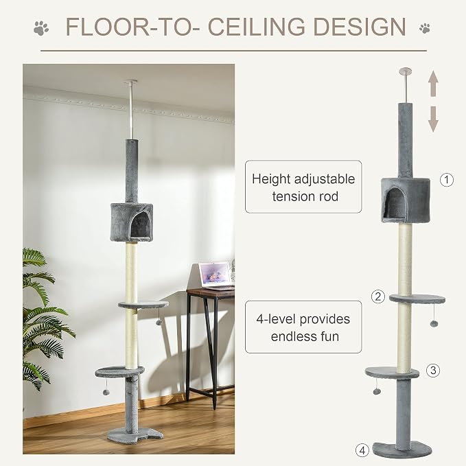 PawHut 85.5" Cat Tree Height Adjustable Floor-to-Ceiling 4-Tier Kitty Climbing - Image 4