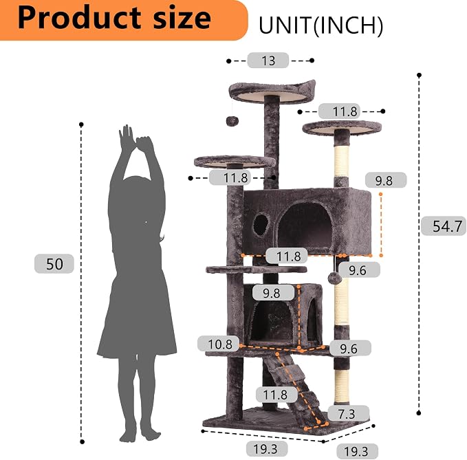 BestPet | 54" Cat Tree Tower | Purple Gray | Sturdy, Hanging Cat Toys, - Image 7