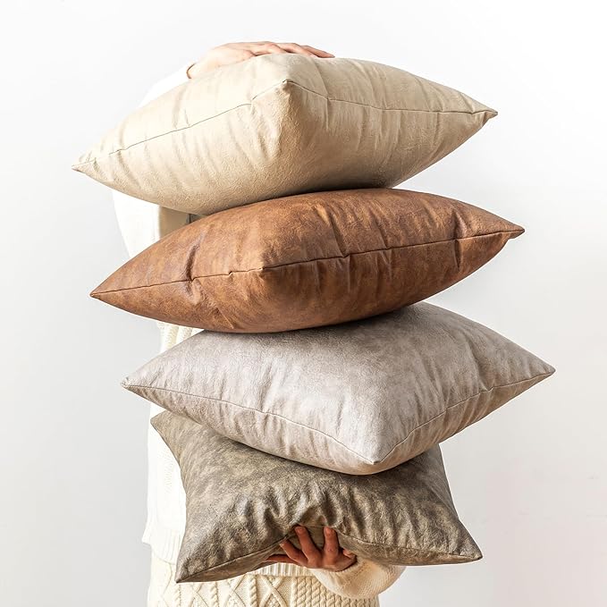 Pack of 4 Neutral Decorative Faux Leather Throw Pillow Covers 20x20 inch by GEGELICA