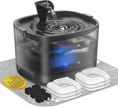 Veken Cat Water Fountain with Detachable Tank & Secure Clips, 6 Filters & by Veken