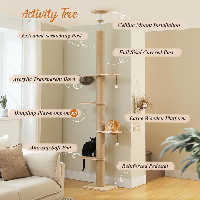 PETEPELA Floor to Ceiling Cat Tree, Adjustable Height Solid Wooden Tall Cat - Image 9