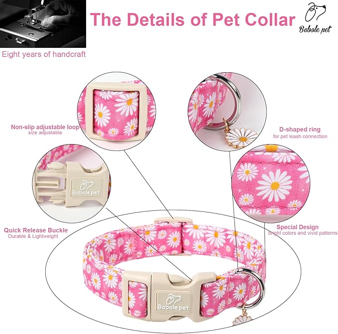 Summer Daisy Dog Collar, Cute Floral Adjustable Pink Dog Collars - Image 4