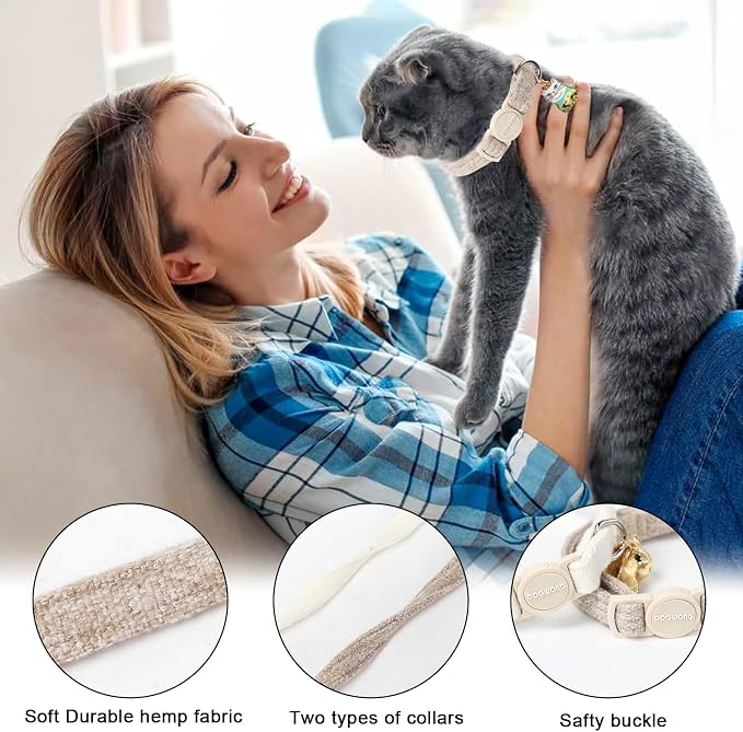 Cat Collar, 2 Pack White Hemp Cat Collars Breakaway - Image 2