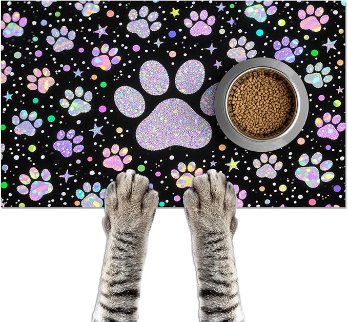 Pet Feeding Mat 24x16 inch Glitter Paw Print Pet Bowl Placemat Non Slip Floor by HOMETITUTE
