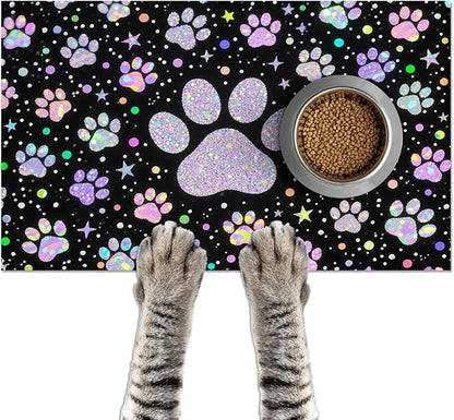 Pet Feeding Mat 24x16 inch Glitter Paw Print Pet Bowl Placemat Non Slip Floor by HOMETITUTE