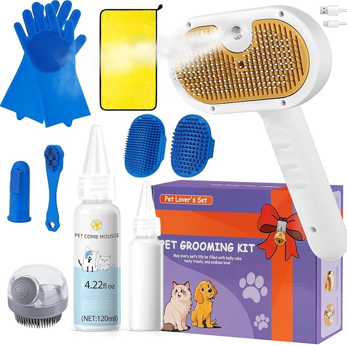 Pet Steam Brush Set for Dogs & Cats, Includes 3-in-1 Self Cleaning Spray Comb by LetsFeedPetPremiumCollectio