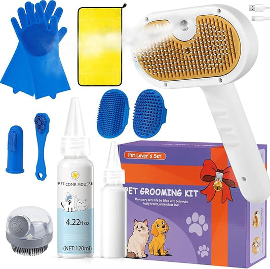 Pet Steam Brush Set for Dogs & Cats, Includes 3-in-1 Self Cleaning Spray Comb by LetsFeedPetPremiumCollectio