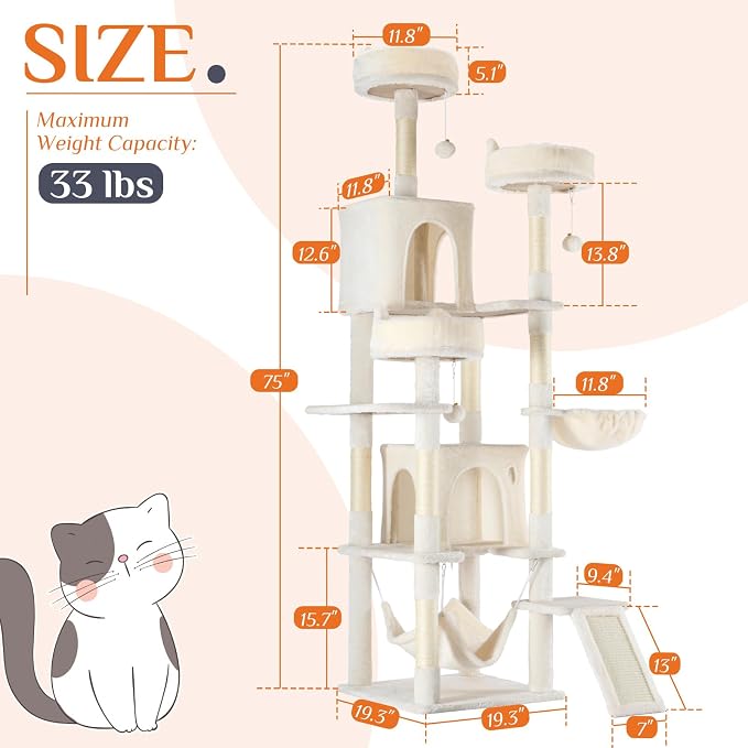 Sweetcrispy Cat Tree 75 Inch, Large Multi-Level Tall Cat Tree Tower - Image 6