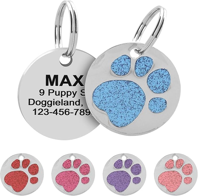 Paw Shape Dog ID Tag Stainless Steel Custom Laser Engraved, Cute Bling Glitter by Pawnimals