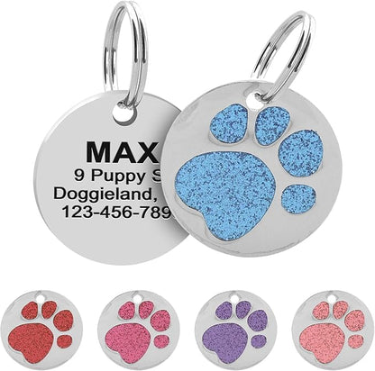 Paw Shape Dog ID Tag Stainless Steel Custom Laser Engraved, Cute Bling Glitter by Pawnimals
