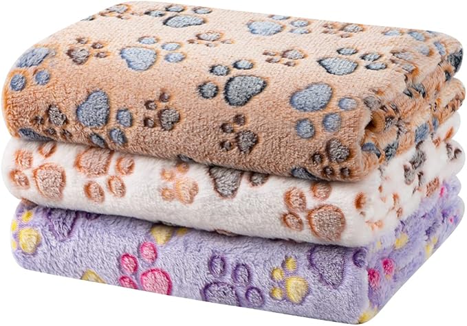 Dono 1 Pack 3 Dog Blankets for Small Dogs, Soft Fluffy Paw Print Pattern Fleece by Dono