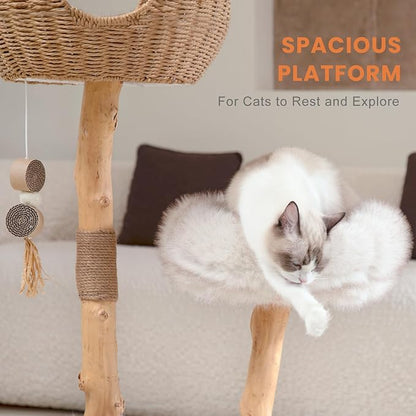 Cat Tree Tower with Two Real Branches, 44 INCH Wood Modern Cat Tower with - Image 4