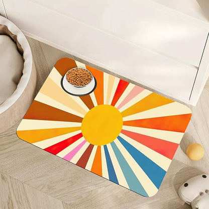 Retro 70s Rainbow Sunrise Swirl Dog Cat Food Mat, Absorbent Pet Feeding Mat by Unknown