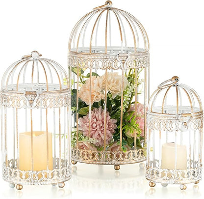 NUPTIO Decorative Candle Lanterns White: 3 Pcs Distressed White Metal Bird Cage by Nuptio