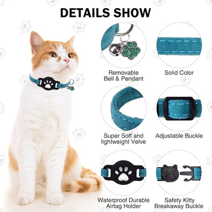 AirTag Cat Collar with Bells, Soft Velvet Cat Collar Breakaway with Airtag - Image 4