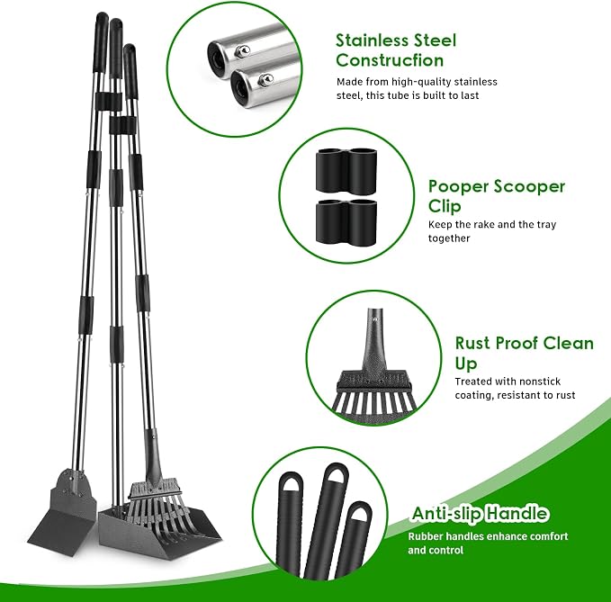 Pooper Scooper, Long Handle Dog Pooper Scooper, Heavy Duty Stainless Steel Rake - Image 2