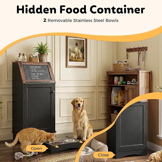 Dog Food Feeding Station with Storage, Pet Food Storage Cabinet with Bowls and - Image 5