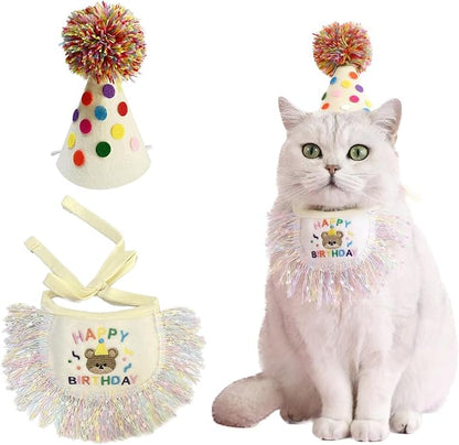 Cat Birthday Bandana Scarf and Party Hat Cute Tassels Bib Scarf and Birthday by ROHOME