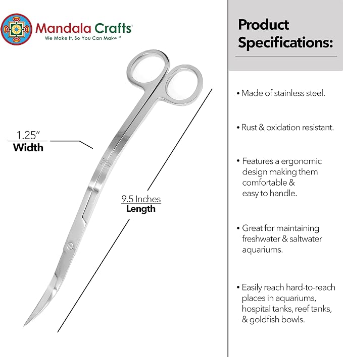 Mandala Crafts Extra Long Stainless Steel Curved Aquarium Scissors - Image 3