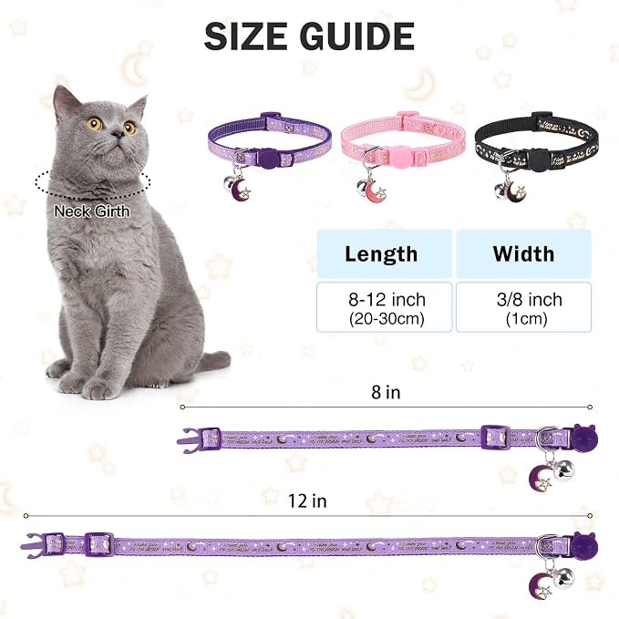 Cat Collar with Bells Breakaway, 3 Pack Moon and Star Cat Collar Reflective - Image 6