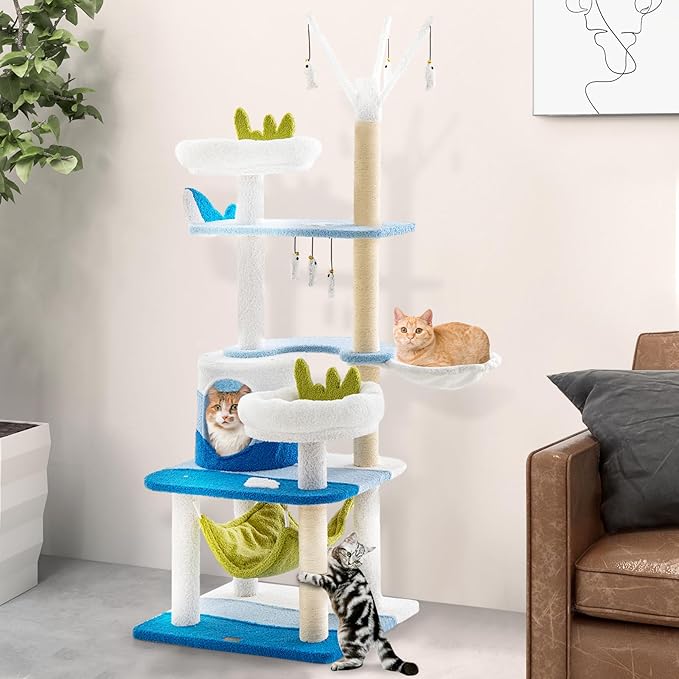 Tangkula Ocean-Themed Cat Tree, Jump Platforms, Hanging Interactive Toys - Image 3