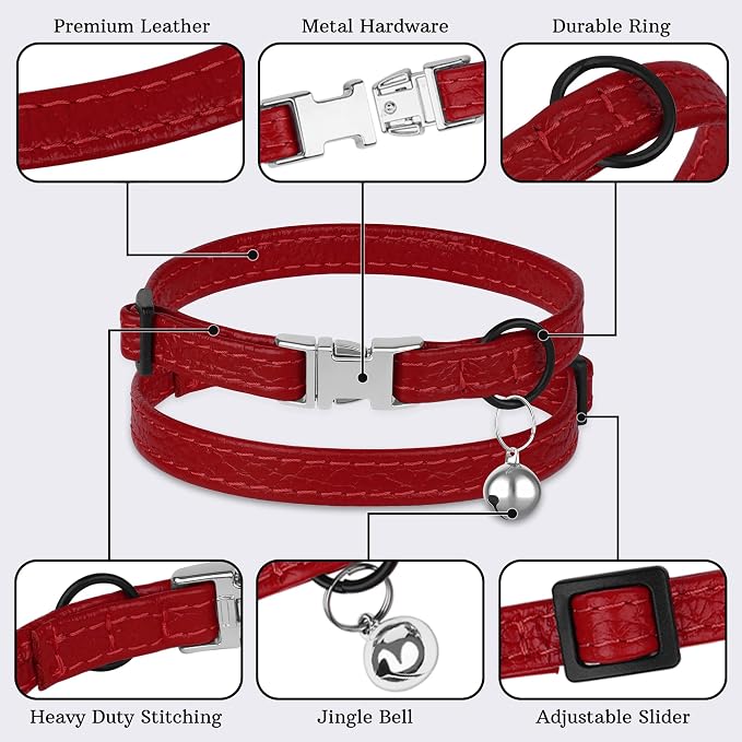 Leather Cat Collar with Buckle and Removable Bell - Image 5